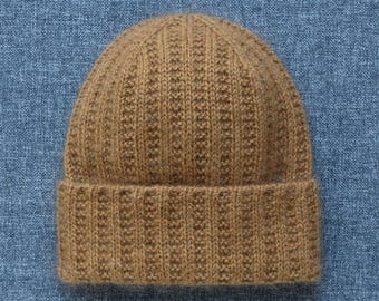 Caramel Ribbed Beanie, Hand-Knitted with Alpaca and Mohair