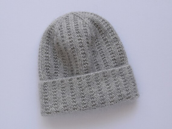 Hand Knit Grey Ribbed Beanie: Unisex Hat (wool, Alpaca, Kid  display picture 2