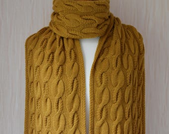 Hand Knit Long Wool Scarf with Arans: Celtic Cable Knit, Mustard Yellow
