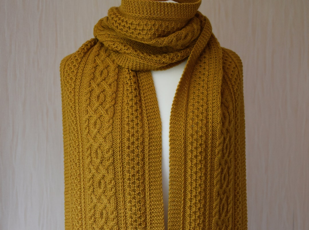 Hand Knit Extra Long Wool Scarf With Arans: Celtic Cable Knit, Mustard ...