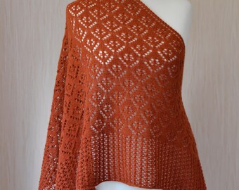 Women's Hand Knit Triangular Shawl - Rust Shawl - Lace Shawl  - Alpaca Wool Shawl - Warm Winter Shawl - Slow Fashion - Elegant Floral Shawl