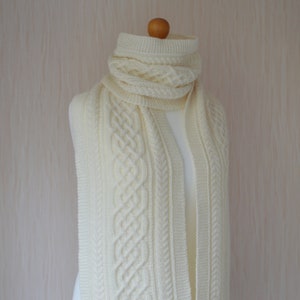 Women's Hand Knit Extra Long Scarf Off-White Scarf Aran Scarf Celtic Cable Knit Scarf Unisex Scarf Wool Scarf Warm Scarf image 6