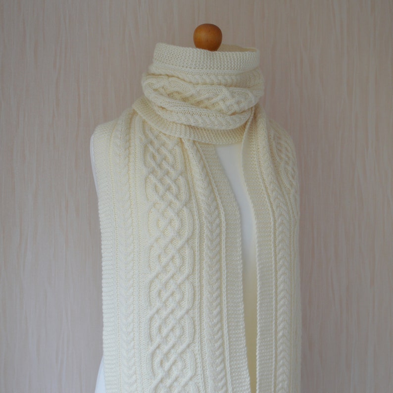 Women's Hand Knit Extra Long Scarf Off-White Scarf Aran Scarf Celtic Cable Knit Scarf Unisex Scarf Wool Scarf Warm Scarf image 6