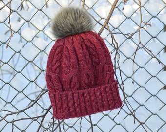 Red Aran Tweed Cable Knit Beanie with Pom-Pom (bobble)