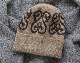 Hand Knit Donegal Merino Tweed Beanie:  Unisex Fair Isle Hat with Oriental Pattern