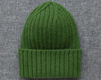 Hand-Knitted Forest Green Ribbed Wool Beanie
