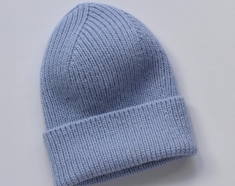 Ice Blue Ribbed Alpaca Wool Beanie, Hand-Knitted