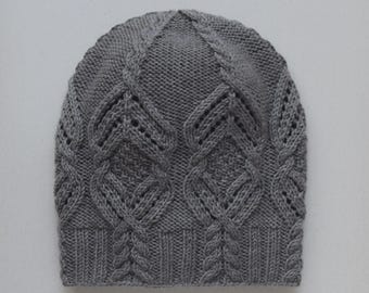 Taupe Aran Cable Knit Beanie, Hand-Knitted in Extra Fine Merino Wool