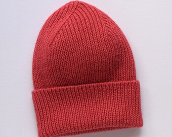 Coral Ribbed Beanie, Hand-Knitted in Wool and Alpaca