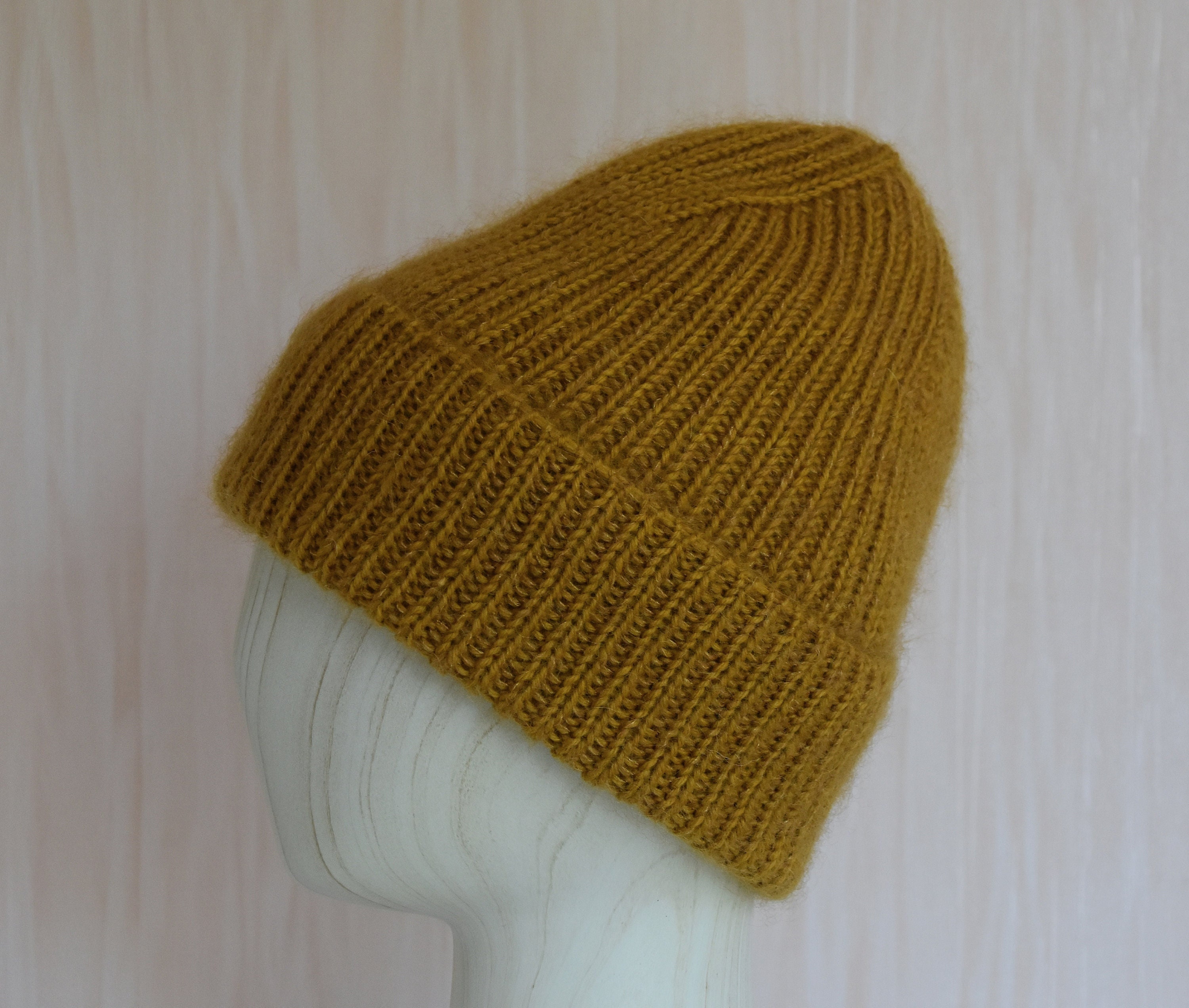 Hand Knit Mustard Ribbed Beanie: Unisex Hat (wool, Kid  display picture 1