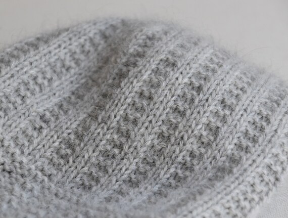 Hand Knit Grey Ribbed Beanie: Unisex Hat (wool, Alpaca, Kid  display picture 1