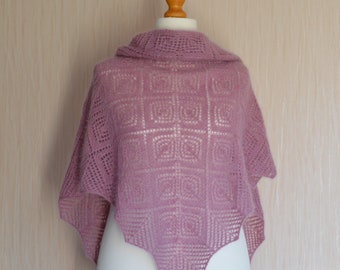 Women's Hand Knit Triangular Shawl - Pink Shawl - Lace Shawl  - Kid-Mohair Wool Shawl - Warm Winter Shawl - Slow Fashion