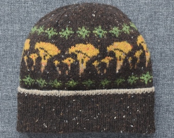 Hand Knit Donegal Merino Tweed Beanie: Mushrooms Fair Isle Unisex Winter Hat