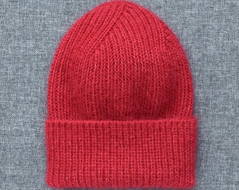 Hand Knit Red Ribbed Beanie: Unisex Hat (Wool, Kid Mohair and Silk)