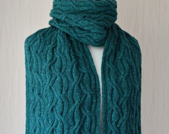 Hand Knit Aran Soft Donegal Merino Tweed Long Scarf: Unisex Emerald Green Scarf