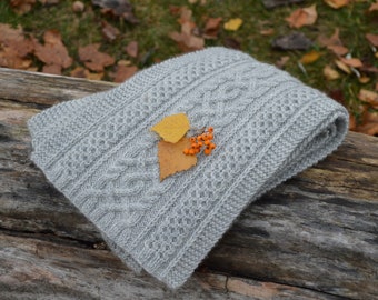 Hand Knit Extra Long Wool Scarf with Arans: Celtic Cable Knit, Grey color