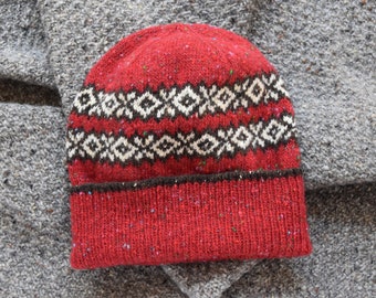 Women's Hand Knit Hat - Unisex Hat - Men's Hat - Winter Hat - Beanie - Soft Donegal Merino Tweed Hat - Multicolor Fair Isle Hat - Red Hat