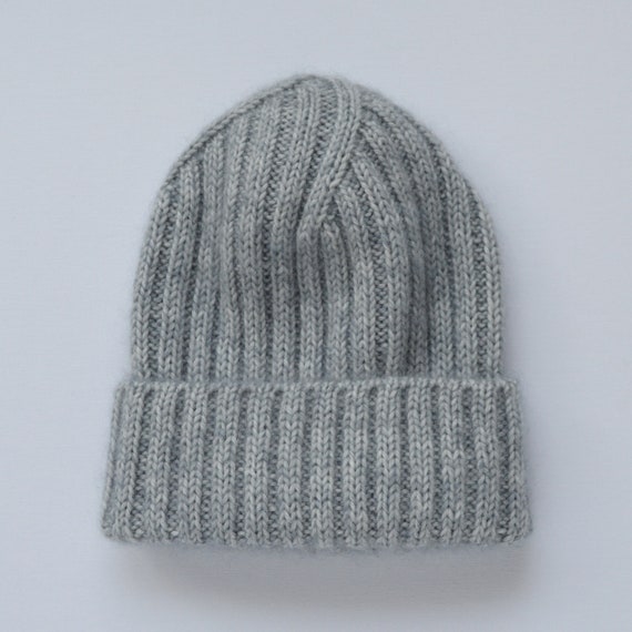 Hand Knit Light Gray Ribbed Beanie: Unisex Hat (wool, Kid  display picture 1