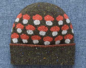 Mushroom Fair Isle Beanie, Hand-Knitted in Soft Donegal Merino Tweed