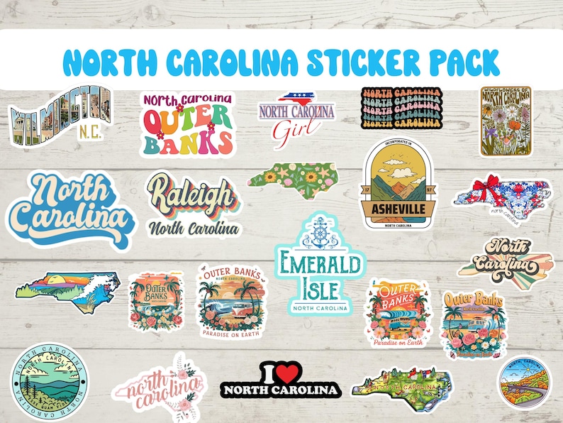 May include: A sticker pack featuring various designs related to North Carolina. The stickers include images of the state, landmarks, and popular phrases like "Outer Banks" and "North Carolina Girl".
