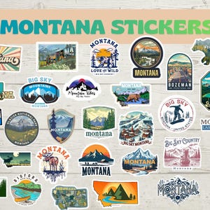 Puede incluir: Una colección de pegatinas de Montana con varios diseños. Las pegatinas presentan imágenes de montañas, osos y paisajes, con texto como "Montana", "Big Sky" y "Glacier National Park". Las pegatinas son de varias formas y tamaños.