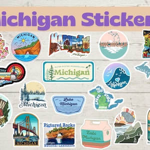 May include: A collection of colorful Michigan-themed stickers. Designs include state outlines, landscapes, and landmarks like the Mackinac Bridge and Pictured Rocks. The stickers feature various colors and styles, perfect for decorating laptops, water bottles, or notebooks.