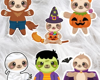 Halloween luiaard stickerpakket, Halloween stickers, luiaards, plezier, schattige luiaards, dierenstickers, luiaard muurstickers, luiaard geschenken, schattige stickers