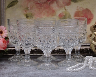 Wexford Set of Six Stem Glasses • Anchor Hocking Collection • Fine Crystal • Diamond Pattern • Vintage