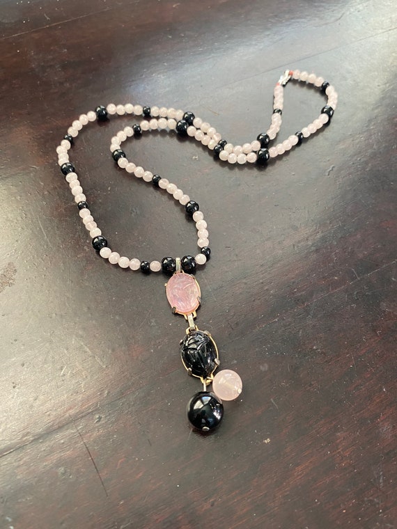 Vintage Onyx and Rose Quartz Carved Scarab Necklac