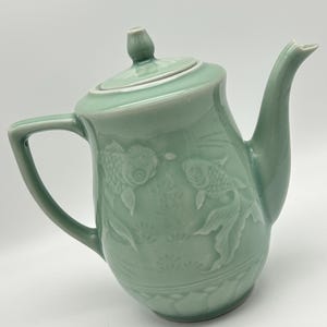 Vintage Celadon Longquan Teapot | Relief Koi Fish Design | Chinese Celadon Pottery | Collectible Teapot | Green Glazed Tea Pot
