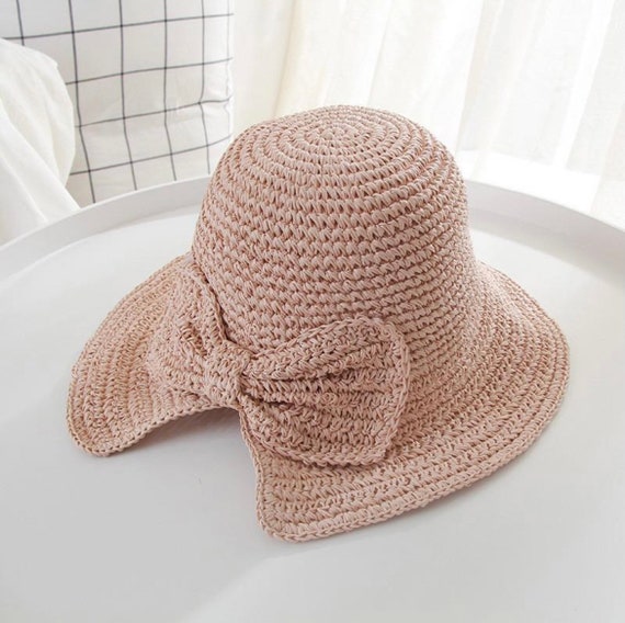 CLEARANCERaffia Bow Sun Hat Wide Brim Floppy Summer Hats for Women Beach Panama Straw Dome Bucket Hat Femme Shade Hat