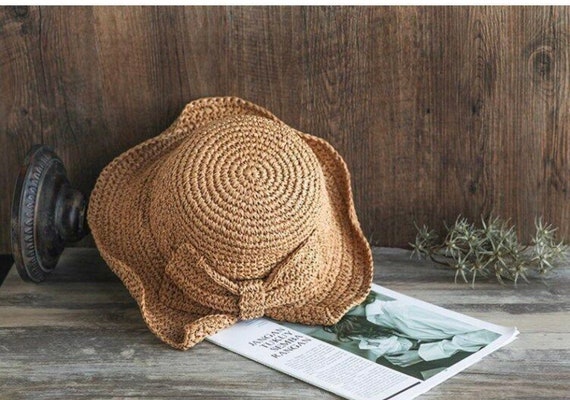 Clearanceraffia Bow Sun Hat Wide Brim Floppy Summer Hats for Women Beach  Panama Straw Dome Bucket Hat Femme Shade Hat 