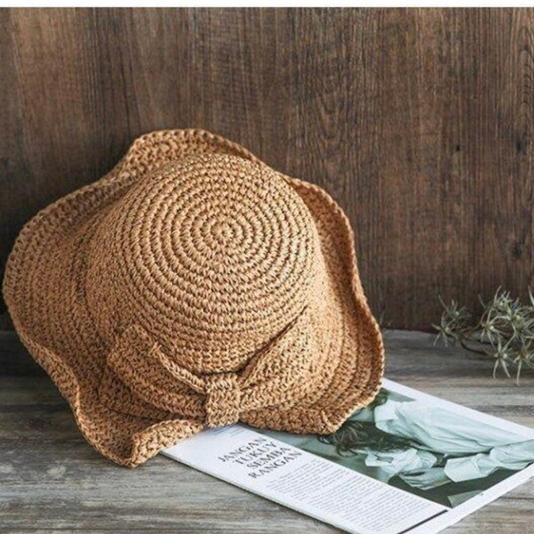 CLEARANCE!!!!Raffia Bow Sun Hat Wide Brim Floppy Summer Hats For Women Beach Panama Straw Dome Bucket Hat Femme Shade Hat