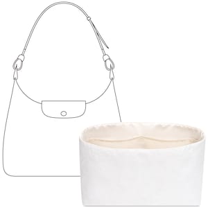 May include: A white handbag organizer with a structured design, featuring a rectangular shape and a light-colored interior. The image also shows a line drawing of a matching handbag with a shoulder strap.