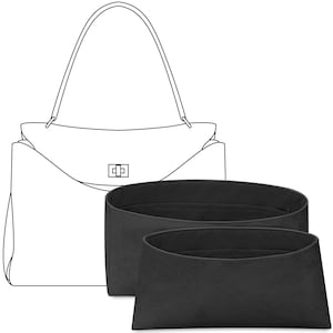 Könnte beinhalten: Ein schwarzer Filz-Taschenorganizer mit zwei Fächern. Der Organizer ist so konzipiert, dass er in eine Handtasche passt.