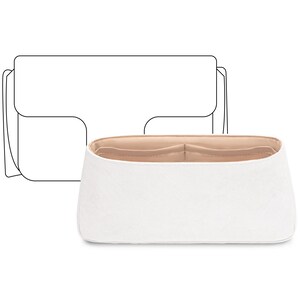 Peut inclure: Un organisateur de sac à main blanc avec un motif matelassé. L'intérieur présente plusieurs compartiments beiges. L'organisateur est conçu pour être placé à l'intérieur d'un sac à main, offrant structure et organisation.