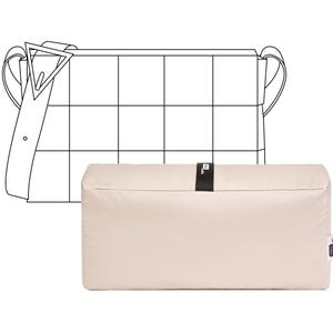 May include: A cream-colored rectangular handbag with a black strap and a black label. The bag has a grid pattern on the top and a long strap. The bag is shown in a line drawing and a solid color.