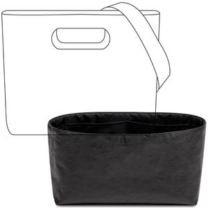 Könnte beinhalten: Ein schwarzer Stoff-Taschen-Einsatz mit mehreren Fächern zum Organisieren einer Handtasche. Der Einsatz ist so konzipiert, dass er in eine größere Tragetasche passt.
