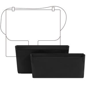 May include: Two black rectangular organizers with open tops. A line drawing of a bag with a strap is above the organizers, suggesting they are designed to fit inside. The organizers are made of a smooth, solid material.