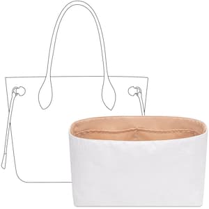 Op de afbeelding: Een witte handtassenorganizer met een lichtbruin interieur. De organizer is rechthoekig en ontworpen om in een totebag te passen. Een lijntekening van een totebag staat op de achtergrond.