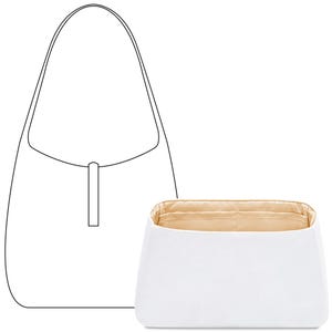 Puede incluir: Un organizador de bolso blanco con interior beige se muestra junto a un dibujo lineal de un bolso de hombro a juego. El organizador es rectangular con un borde superior ligeramente curvado. El bolso de hombro tiene un diseño sencillo.