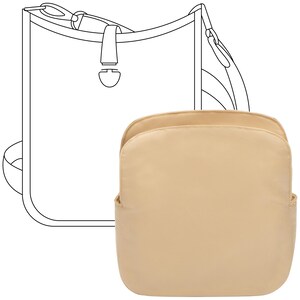 Puede incluir: Un bolso de mano beige con una correa para el hombro y una bolsa más pequeña a juego. El bolso es rectangular con un cierre de solapa y un asa superior. La bolsa es redondeada con una abertura superior y bolsillos laterales.