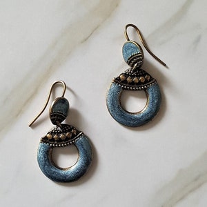 Vintage Brass and Enamel Hook Earrings, Blue Enamel Earrings, Boho Chic