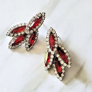 Vintage Costume Ruby Gemstone Drop Earrings, Ruby and Cubic Zirconia (CZ) Gem Pierced Earrings, Costume Jewelry, Statement Earrings, Glamour