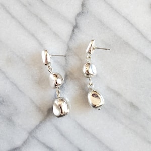 Vintage Silver Bead Earrings, Three Bead Earrings, Silver Dangle Earrings