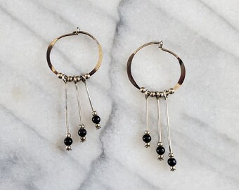 Vintage Hoop Dangle Earrings, Handmade Metal and Black Bead Earrings, 90's Earrings
