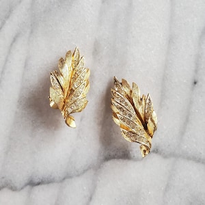 Vintage Gold Leaf Rhinestone Earrings, Gold and Rhinestone Clip On Earrings, BSK Earrings, Large Clip Ons, Costume Jewelry