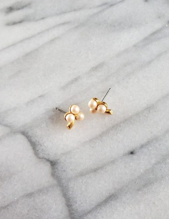 Vintage Pearl and Gold Stud Earrings, Pearl Clover