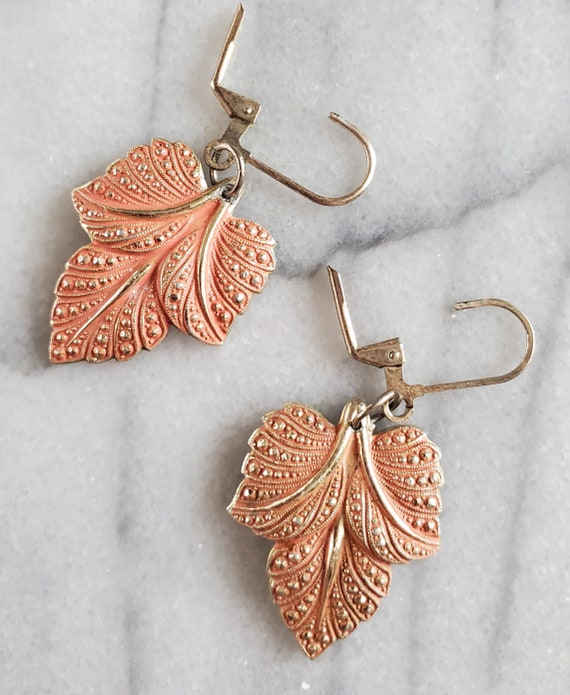 Vintage Pink Leaf Earrings, Leaf Dangle Earrings,… - image 3