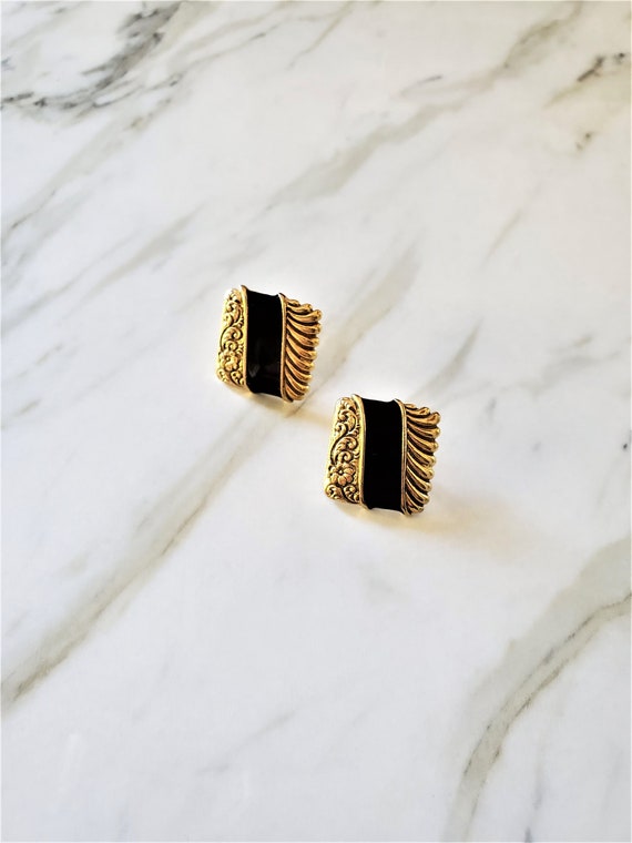 Vintage Black and Ornate Gold Post Earrings, Black